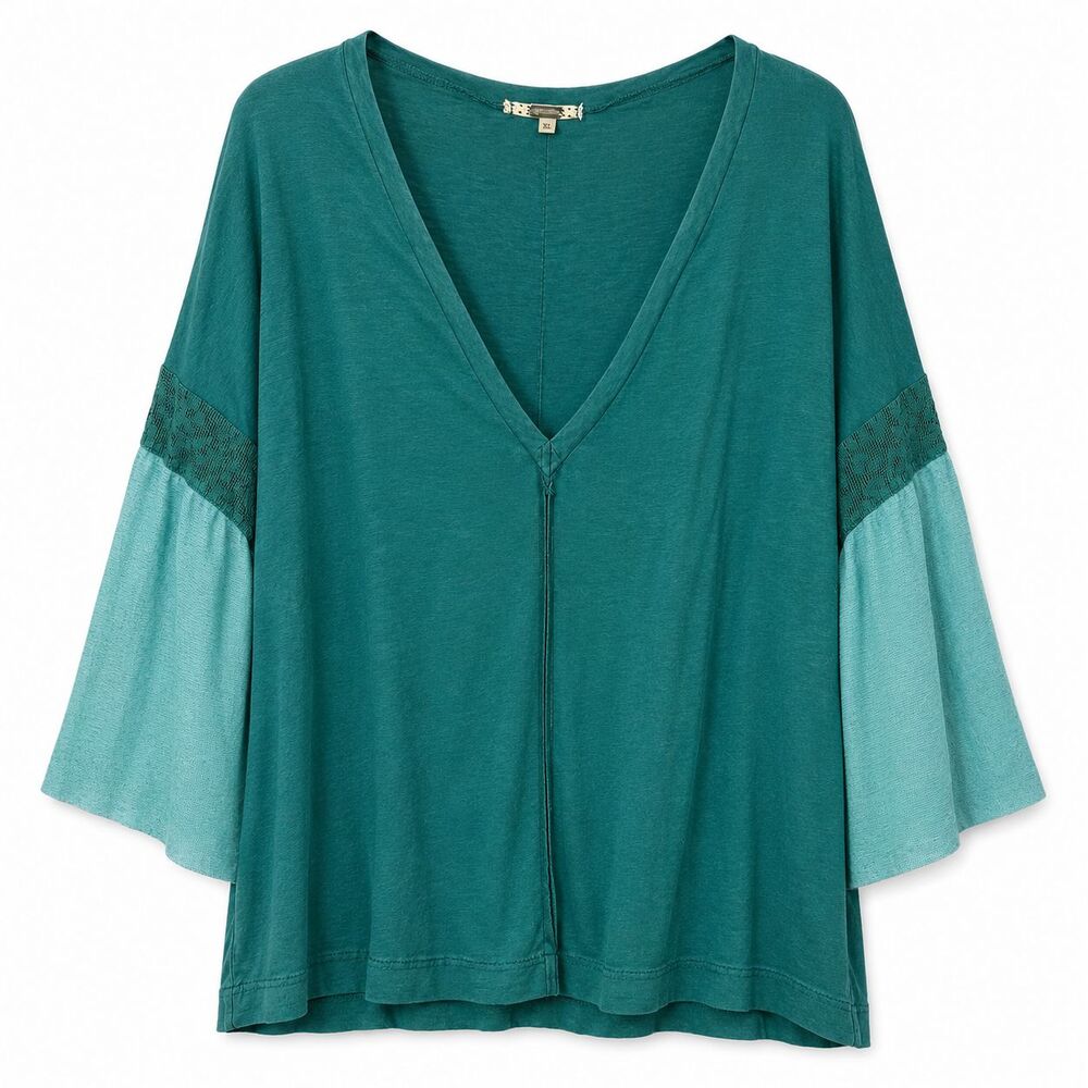 Gimmicks by BKE Top Women XL Teal Green V Neck Bell Sleeve Boho Colorblock Tunic